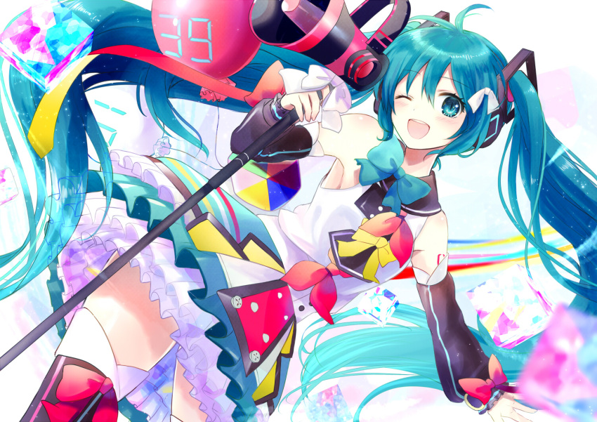 1girl 39 ;d ahoge balloon bangs bare_shoulders black_legwear blue_bow blue_eyes blue_hair blush bow commentary_request detached_sleeves dutch_angle eyebrows_visible_through_hair hair_between_eyes hair_bow hair_ornament hatsune_miku head_tilt headphones holding kashiwaba_en long_hair long_sleeves looking_at_viewer magical_mirai_(vocaloid) megaphone one_eye_closed open_mouth puffy_long_sleeves puffy_sleeves red_bow round_teeth shirt skirt sleeveless sleeveless_shirt smile solo teeth thigh-highs twintails upper_teeth very_long_hair vocaloid white_bow white_shirt