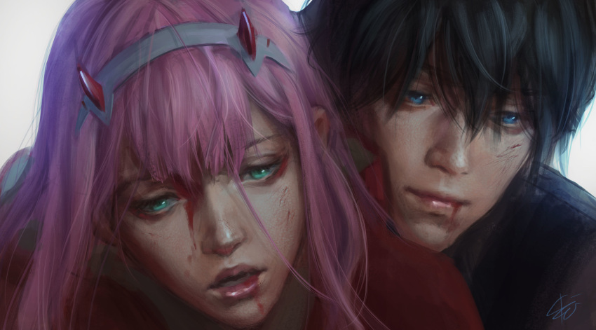 1boy 1girl bangs blood blood_from_mouth blood_on_face blue_eyes bodysuit closed_mouth couple darling_in_the_franxx green_eyes hair_between_eyes hairband hetero highres hiro_(darling_in_the_franxx) horns hug hug_from_behind injury lips oni_horns open_mouth parted_lips pilot_suit pink_hair portrait red_bodysuit red_horns scratches shekel signature straight_hair white_hairband zero_two zero_two_(darling_in_the_franxx)