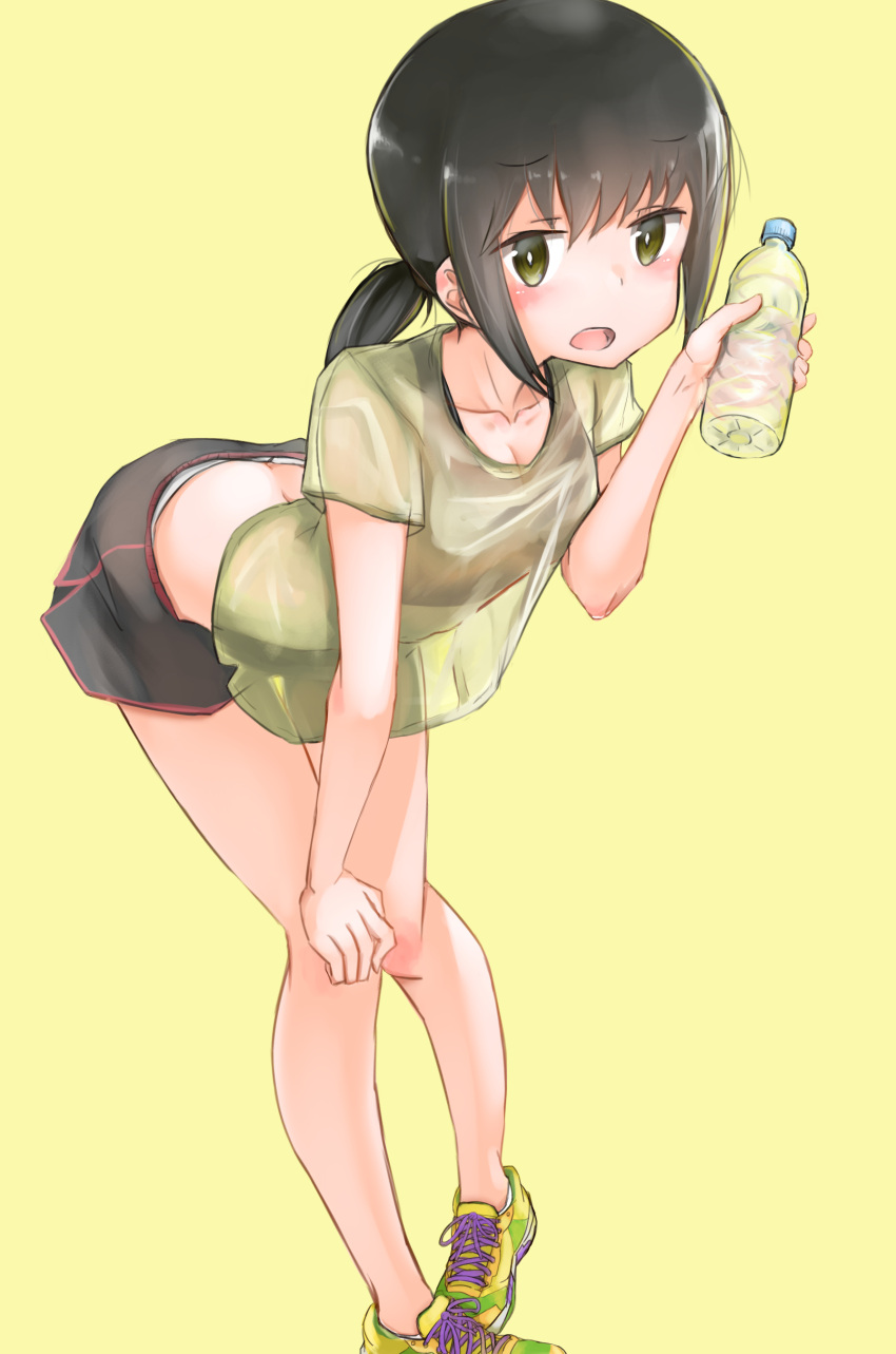 1girl absurdres alternate_costume black_hair black_shorts bottle bra commentary_request fubuki_(kantai_collection) green_eyes green_shirt highres kabayaki_namazu kantai_collection leaning_forward looking_at_viewer low_ponytail open_mouth ponytail red_bra see-through shirt shoes short_ponytail shorts sidelocks sneakers solo sports_bra standing thighs underwear yellow_footwear