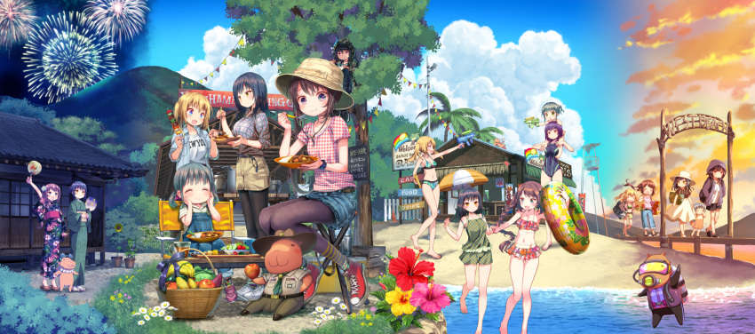 5girls :&gt; :3 :d ^_^ apple arm_up bag barefoot baseball_cap basket beach_house bikini black_hair black_legwear blonde_hair blue_eyes blue_pants blush bowl braid breasts brown_eyes brown_hair brown_hat brown_shorts brown_skirt bush cabbage carrying child closed_eyes closed_eyes clothes_writing clouds competition_swimsuit corn covered_navel creature curry curry_rice day diving_mask dock dual_wielding eating eyebrows_visible_through_hair fan fence fireworks flower food fruit glass grass green_eyes green_hair hair_bun hand_holding hands_on_own_cheeks hands_on_own_face hat head_tilt hibiscus highres hill holding holding_bowl holding_spoon hood hooded_jacket in_tree innertube jacket japanese_clothes kimono large_breasts long_hair multiple_girls multiple_views navel night one-piece_swimsuit open_clothes open_jacket open_mouth original outstretched_arm overalls oxygen_tank palm_tree pants pantyhose pink_shirt plaid plaid_shirt plant potted_plant profile red_footwear rice salad shirt short_hair short_sleeves shorts shoulder_carry side_ponytail sitting sitting_in_tree skirt sky smile spoon standing summer sunflower sunset swimsuit tomato tree twintails v-shaped_eyebrows very_long_hair walking water_gun yoshimura_(yoshimura4shi) younger yukata