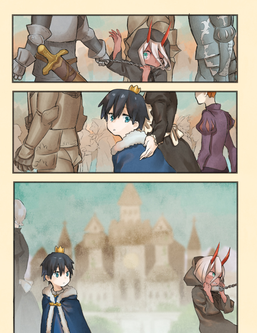 2girls 5boys apron armor black_cloak black_hair blue_eyes bomhat capelet castle chain_necklace chains child cloak collar comic commentary couple crown darling_in_the_franxx english_commentary eyebrows_visible_through_hair fur_capelet fur_trim gauntlets hand_on_another's_back hand_up hetero highres hiro_(darling_in_the_franxx) holding_chain holding_necklace hood hood_up hooded_cloak horns long_hair looking_at_another looking_back maid maid_dress multiple_boys multiple_girls navy_blue_capelet one_eye_closed oni_horns parka pink_hair prince red_horns red_pupils red_sclera red_skin sheath sheathed short_hair slave soldier sword weapon white_apron zero_two_(darling_in_the_franxx)