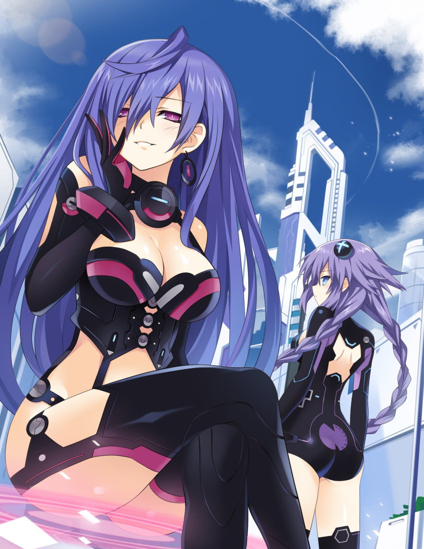 2girls ass back_cutout bare_shoulders blue_eyes blue_hair blue_sky blush breasts cleavage cleavage_cutout day earrings elbow_gloves expressionless from_behind gloves grin hair_between_eyes hair_ornament hand_on_own_cheek highres iris_heart jewelry kami_jigen_game_neptune_v legs_crossed leotard long_hair looking_at_viewer looking_back medium_breasts multiple_girls neptune_(series) outdoors pink_eyes power_symbol purple_hair purple_heart sitting sky smile symbol-shaped_pupils thigh-highs thighs twintails very_long_hair zero_(ray_0805)