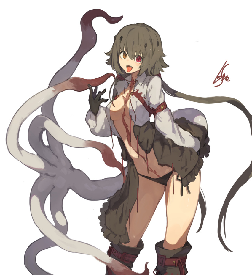 1girl :d arm_belt black_panties boots breasts fangs grey_hair heterochromia highres jacket lansane long_hair long_sleeves looking_at_viewer medium_breasts no_bra open_clothes open_jacket open_mouth orange_eyes original panties red_eyes signature simple_background smile solo standing tail tentacle tongue tongue_out underwear vararia_(lansane) very_long_hair white_background