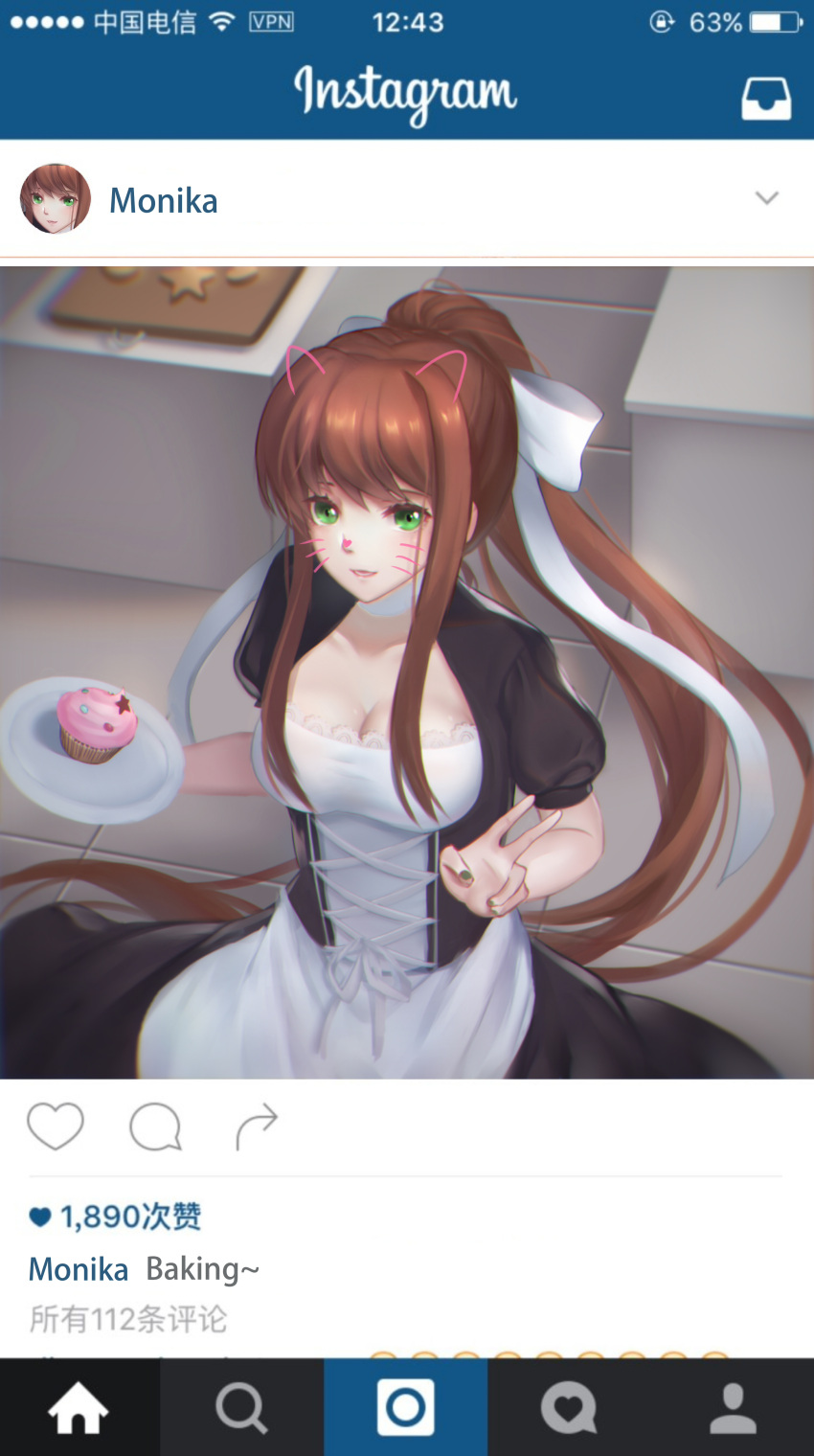 1girl absurdres alternate_costume apron breasts brown_hair character_name chinese cleavage cleavage_cutout commentary cupcake doki_doki_literature_club drawn_ears enmaided food green_eyes green_nails highres ihsara10 instagram long_hair looking_at_viewer maid monika_(doki_doki_literature_club) nail_polish plate ponytail short_sleeves smile solo v waist_apron