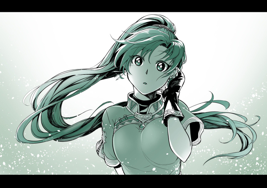 1girl bangs breasts commentary_request earrings eyebrows_visible_through_hair fingerless_gloves fire_emblem fire_emblem:_rekka_no_ken fire_emblem_heroes gloves high_ponytail highres jewelry long_hair looking_at_viewer lyndis_(fire_emblem) medium_breasts monochrome nakabayashi_zun parted_lips ponytail short_sleeves simple_background solo upper_body