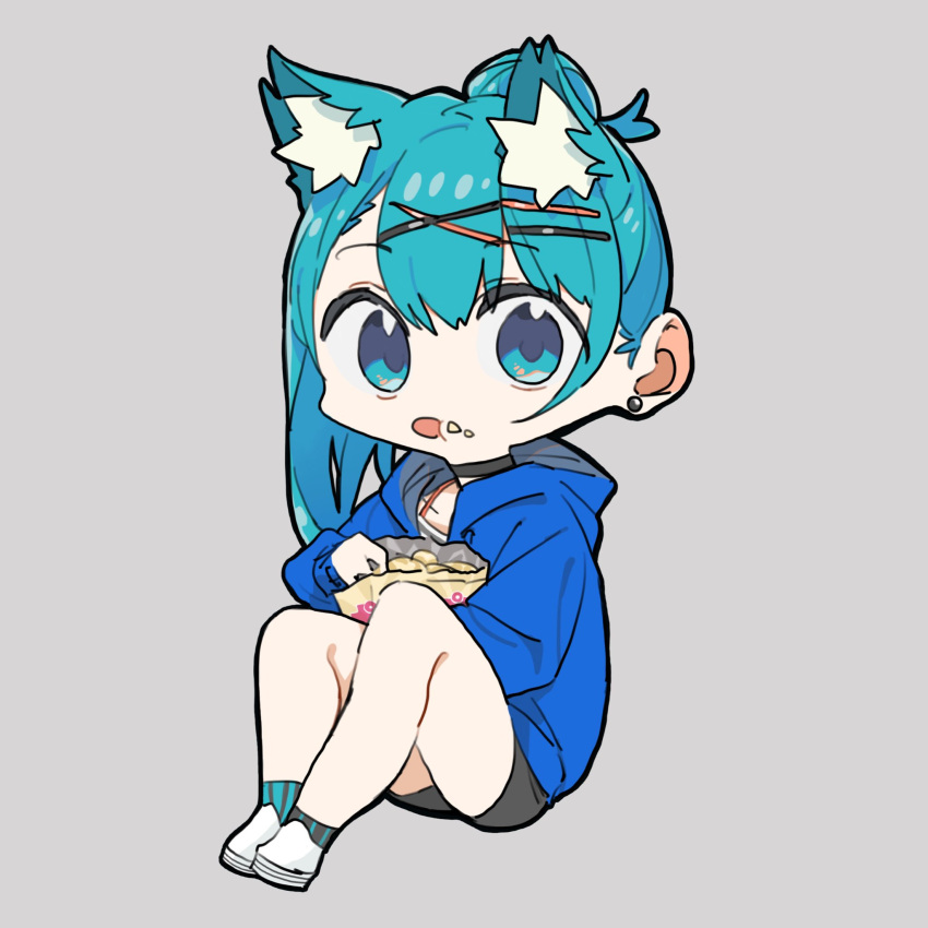 1girl :o animal_ears aqua_eyes aqua_hair black_shorts blue_jacket cat_ears chibi chips earrings eating eir_(machi) eyebrows_visible_through_hair food food_on_face grey_background hair_bun hair_ornament hairpin highres hood hood_down hooded_jacket jacket jewelry knees_up long_sleeves looking_at_viewer machi_(wm) original potato_chips shorts simple_background sitting socks solo striped striped_legwear vertical-striped_legwear vertical_stripes white_footwear x_hair_ornament