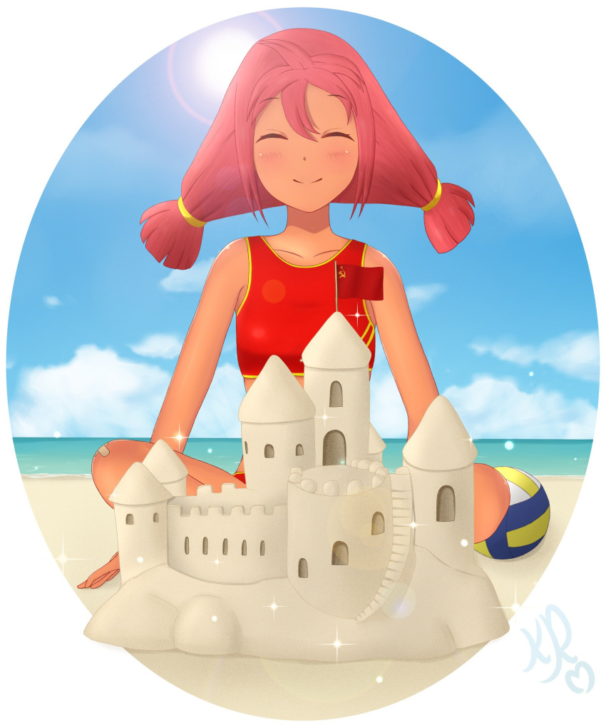 1girl beach blush closed_eyes clouds kerrr redhead sand sky smile solo sportswear sunlight tied_hair twintails