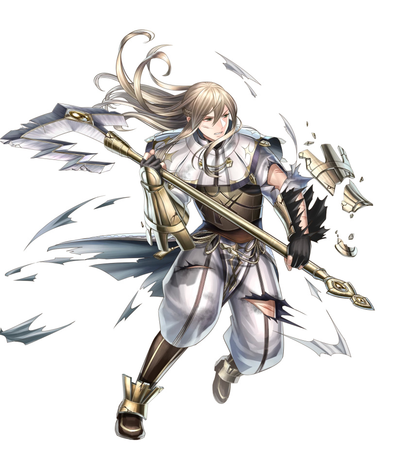 1boy armor axe battle_axe blonde_hair broken broken_armor broken_weapon capelet clenched_teeth fire_emblem fire_emblem:_kakusei fire_emblem_heroes full_body green_eyes haru_(toyst) highres holding holding_weapon long_hair long_sleeves looking_away official_art parted_lips riviera_(fire_emblem) scar solo teeth torn_clothes transparent_background vambraces weapon