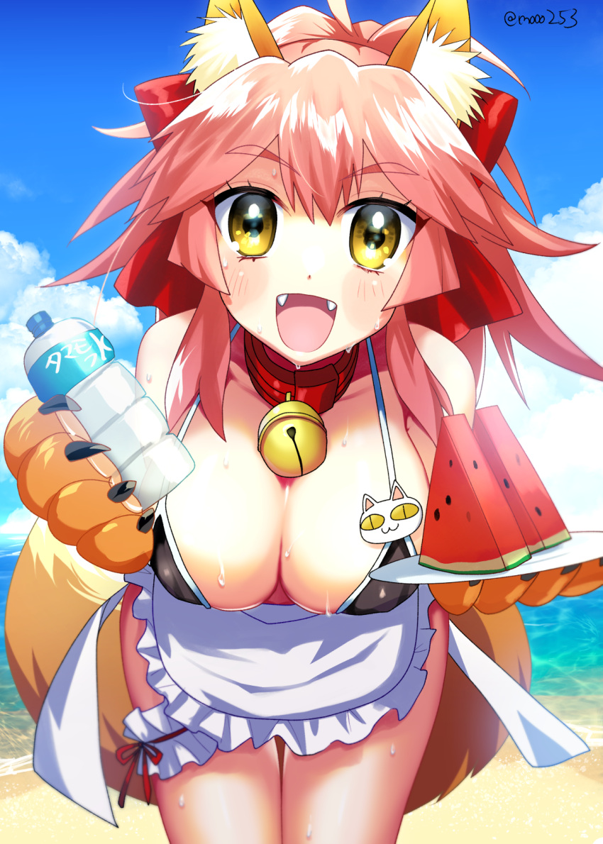 1girl animal_ears apron beach bell bell_collar bikini blush bottle breasts cat_hair_ornament cat_paws cleavage collar collarbone day fangs fate/grand_order fate_(series) food fox_ears fox_tail fruit gloves hair_ornament hair_ribbon highres jingle_bell large_breasts long_hair looking_at_viewer melon mo253 ocean open_mouth outdoors paw_gloves paws pink_hair red_ribbon ribbon sky solo suikawari summer sweat swimsuit tail tamamo_(fate)_(all) tamamo_cat_(fate) water water_bottle watermelon