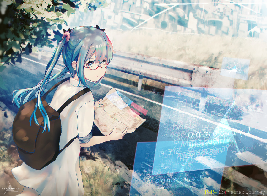 1girl ahoge backpack bag blue_eyes blue_hair day dress dutch_angle floating_hair glasses hatsune_miku holding_map long_hair nishi_yasuaki outdoors red-framed_eyewear science_fiction short_dress short_sleeves solo twintails vocaloid white_dress