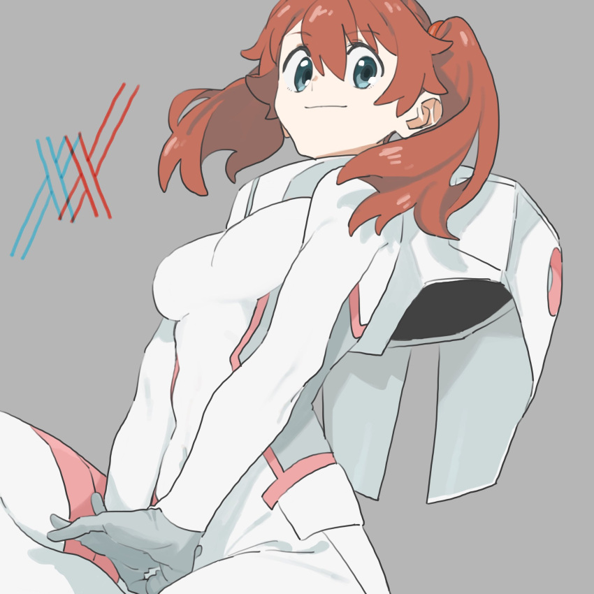 1girl bangs blue_eyes bodysuit brown_hair commentary cracking_knuckles darling_in_the_franxx eyebrows_visible_through_hair grey_background hair_tie highres light_smile looking_at_viewer machi_(wm) miku_(darling_in_the_franxx) pilot_suit simple_background sitting solo twintails white_bodysuit