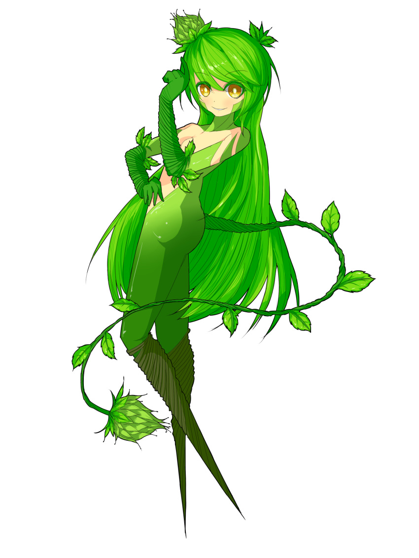 1girl absurdres commentary eyebrows_visible_through_hair flower green_hair green_skin grin hand_on_hip highres leaf long_hair monster_girl multicolored multicolored_skin no_feet original plant plant_girl sayakamulya smile solo sunflower tail vines white_background yellow_eyes