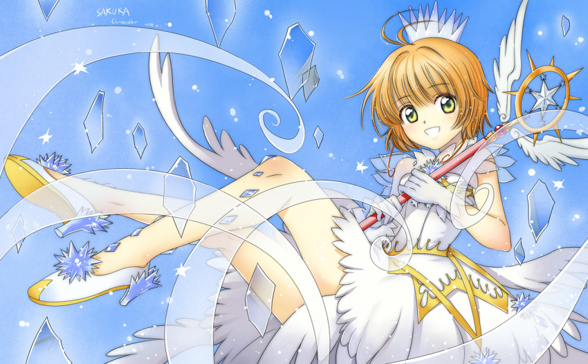 1girl :d antenna_hair bangs blonde_hair blue_background card_captor_sakura chrisanother dress eyebrows_visible_through_hair gloves green_eyes high_heels holding holding_staff kinomoto_sakura looking_at_viewer open_mouth pumps see-through short_dress short_hair sleeveless sleeveless_dress smile solo staff white_dress white_footwear white_gloves white_wings wings