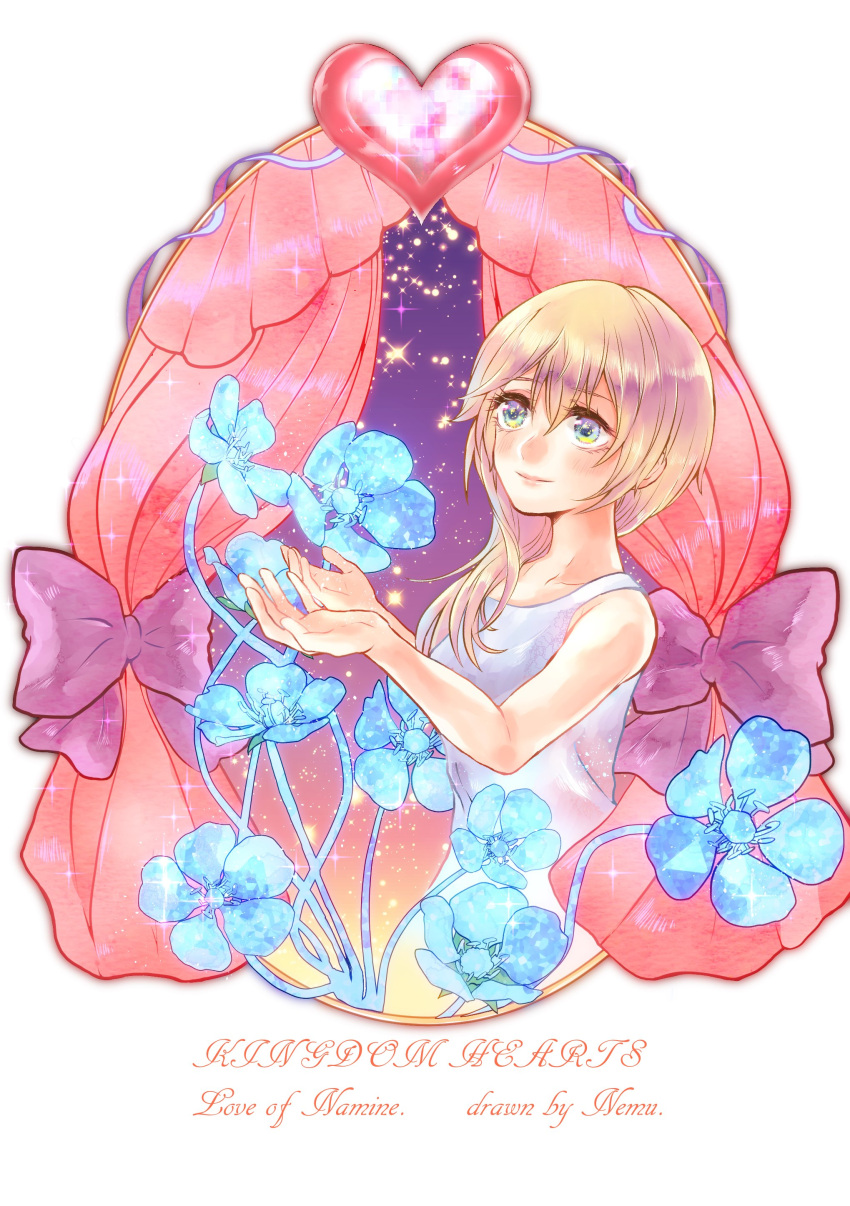 1girl absurdres bangs bare_arms bare_shoulders blonde_hair blue_eyes blue_flower closed_mouth copyright_name curtains dress eyebrows_visible_through_hair flower hair_between_eyes hair_over_shoulder heart highres kingdom_hearts long_hair namine nemu_(nemu_heart813) smile solo sparkle white_dress