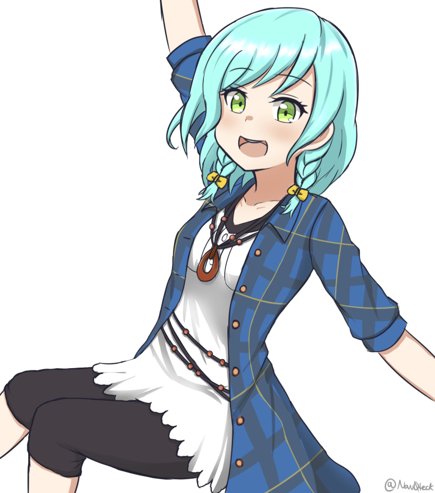 1girl :d aqua_hair arm_up bang_dream! bangs blouse bow eyebrows_visible_through_hair green_eyes hair_bow highres hikawa_hina jewelry looking_at_viewer nan0teck open_mouth outstretched_arm pendant plaid plaid_shirt shirt short_hair short_sleeves side_braids smile solo swept_bangs teeth upper_body yellow_bow