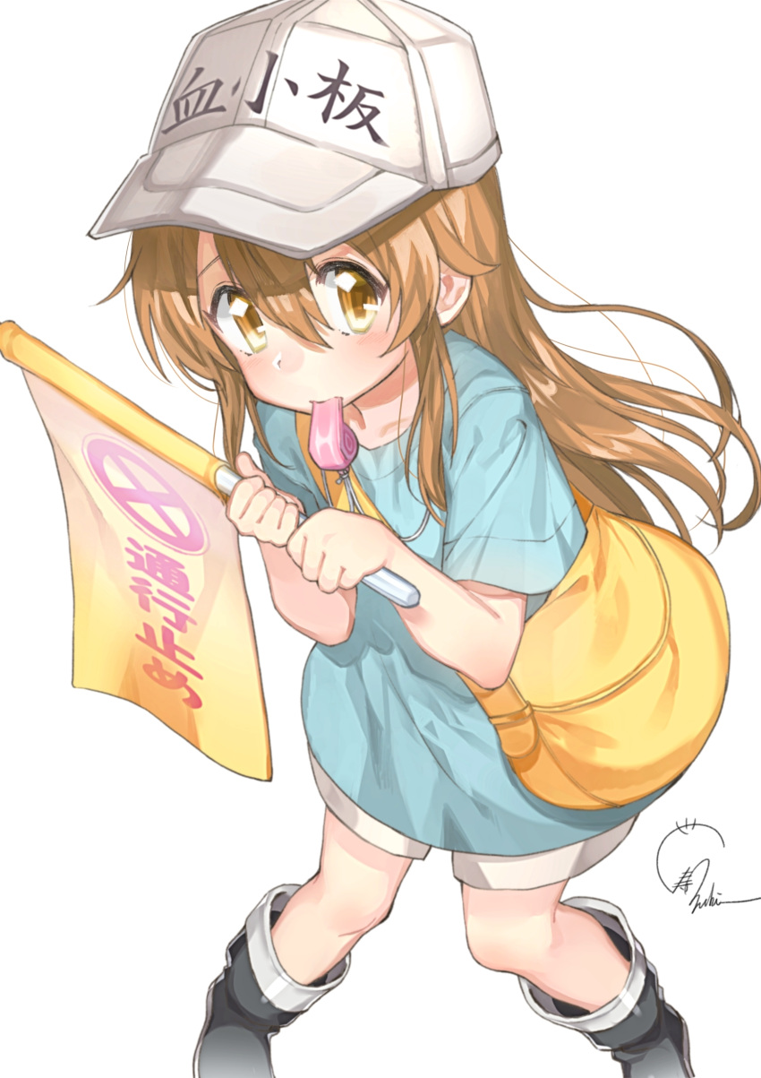 1girl absurdres bag black_footwear blue_shirt boots brown_eyes brown_hair brown_shorts commentary_request flag hat hataraku_saibou highres holding long_hair looking_at_viewer mouth_hold omochi_(okowa_913) platelet_(hataraku_saibou) shirt shorts simple_background solo whistle white_background