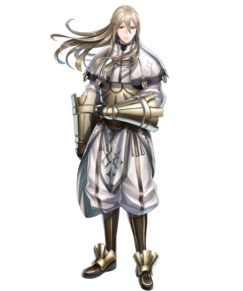 1boy armor bangs blonde_hair boots brown_gloves capelet closed_mouth fire_emblem fire_emblem:_kakusei fire_emblem_heroes full_body gloves haru_(toyst) highres long_hair long_sleeves looking_at_viewer male_focus official_art pants pelvic_curtain riviera_(fire_emblem) sidelocks solo standing transparent_background vambraces