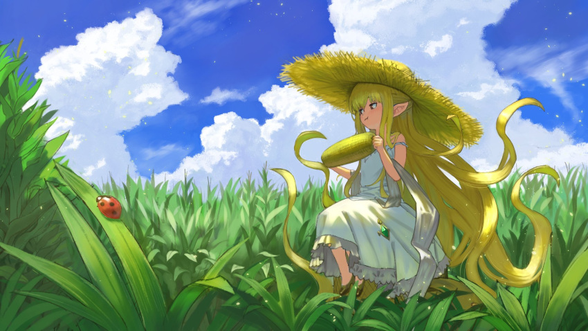1girl blonde_hair blue_sky brown_footwear bug clouds cloudy_sky commentary_request corn day dress eating field from_side granblue_fantasy grass harvin hat highres holding insect ladybug long_hair melissabelle outdoors prehensile_hair shoes sitting sky solo strap_slip straw_hat sundress very_long_hair wasabi60 white_dress