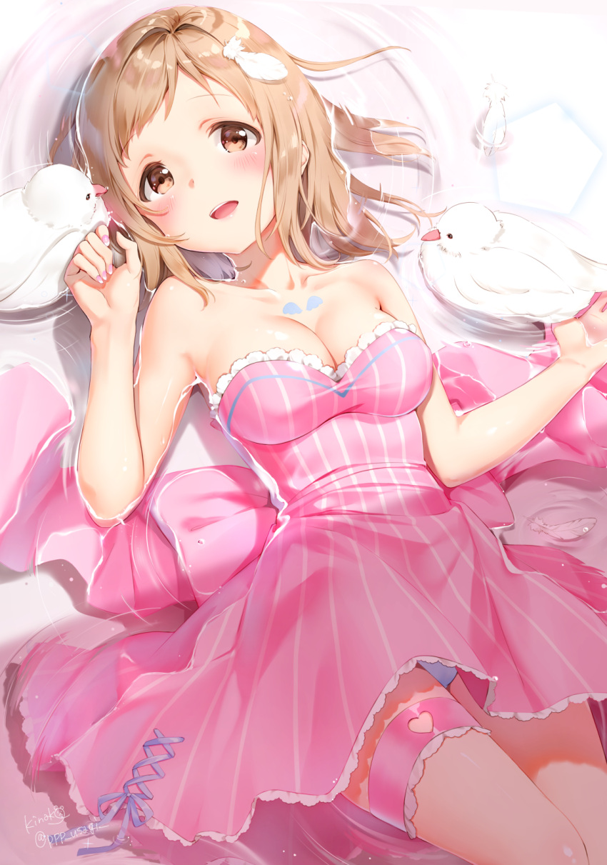 1girl bangs bird blush breasts brown_eyes commentary_request cowboy_shot dress eyebrows_visible_through_hair from_above highres idolmaster idolmaster_shiny_colors light_brown_hair long_hair looking_at_viewer lying medium_breasts off-shoulder_dress off_shoulder on_back open_mouth panties pantyshot pantyshot_(lying) partially_submerged pigeon pink_dress sakuragi_mano shiratama_akane solo striped thigh_strap thighs underwear vertical_stripes water