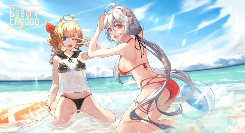 2girls :d absurdres ahoge ass back ball bare_arms bare_shoulders beachball bikini black_bikini black_ribbon black_sailor_collar blonde_hair blue_sky blurry blurry_background bow breasts character_request clouds cloudy_sky day depth_of_field dungeon_and_fighter flower grey_hair hair_bow hair_flower hair_ornament hair_ribbon halterneck hands_up highres huge_filesize innertube kneeling large_breasts legband litra_(ltr0312) long_hair looking_at_viewer looking_back low_twintails multiple_girls ocean one_eye_closed open_mouth outdoors red_bikini red_bow red_eyes ribbon sailor_collar school_uniform see-through serafuku shirt signature sky smile sparkle swimsuit twintails v v_over_eye very_long_hair wet wet_clothes white_shirt wristband