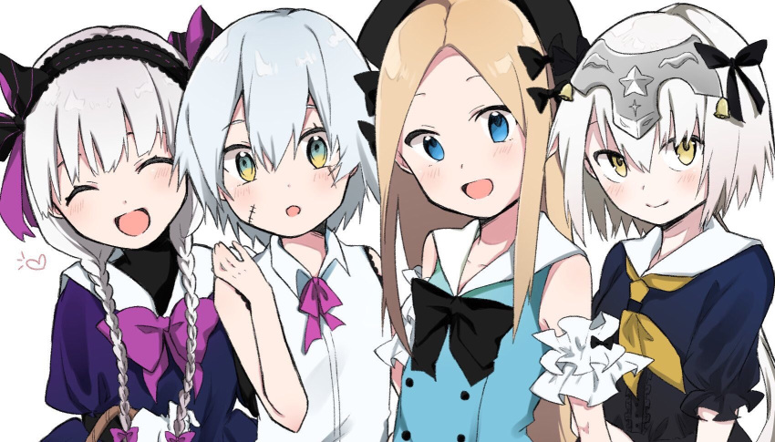 4girls :d :o ^_^ abigail_williams_(fate/grand_order) anzu_(anko) bangs bare_arms bare_shoulders bell black_bow black_dress black_hat blonde_hair blue_dress blue_eyes blush bow braid center_frills closed_eyes closed_eyes closed_mouth collarbone collared_shirt commentary_request dress eyebrows_visible_through_hair facial_scar facing_viewer fate/extra fate/grand_order fate_(series) forehead frills gloves green_eyes hair_between_eyes hair_bow hand_up hat head_tilt headpiece heart highres jack_the_ripper_(fate/apocrypha) jeanne_d'arc_(fate)_(all) jeanne_d'arc_alter_santa_lily long_hair looking_at_viewer low_twintails multiple_girls neckerchief nursery_rhyme_(fate/extra) open_mouth parted_bangs parted_lips puffy_short_sleeves puffy_sleeves purple_dress scar scar_across_eye scar_on_cheek shirt short_hair short_sleeves silver_hair sleeveless sleeveless_dress sleeveless_shirt smile twin_braids twintails very_long_hair white_gloves white_shirt yellow_eyes yellow_neckwear