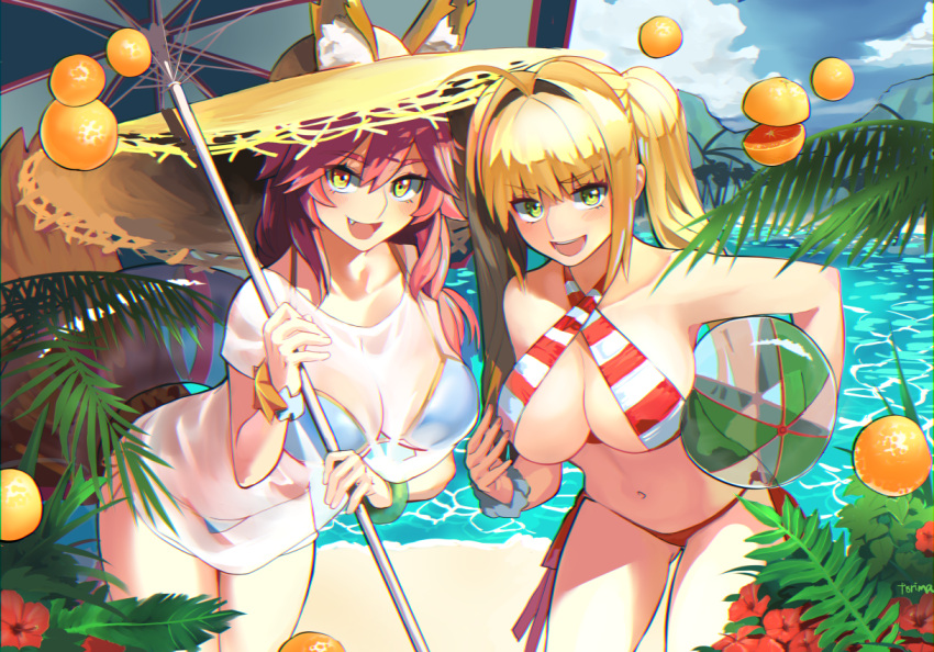 2girls :d ahoge animal_ears ball bangs beach beach_umbrella beachball bikini blonde_hair blue_bikini blue_sky blush breasts brown_eyes carrying_under_arm cleavage clouds cloudy_sky collarbone commentary_request criss-cross_halter day ears_through_headwear eyebrows_visible_through_hair fang fate/grand_order fate_(series) flower food fox_ears fox_girl fox_tail fruit green_eyes hair_between_eyes hair_intakes halterneck hat holding holding_umbrella large_breasts leaning_forward lemon long_hair looking_at_viewer meadow multiple_girls navel nero_claudius_(fate)_(all) nero_claudius_(swimsuit_caster)_(fate) open_mouth outdoors pink_hair red_flower sand see-through shirt short_sleeves side-tie_bikini sky smile standing straw_hat striped striped_bikini swimsuit tail tamamo_(fate)_(all) tamamo_no_mae_(swimsuit_lancer)_(fate) torimahera transparent twintails umbrella water