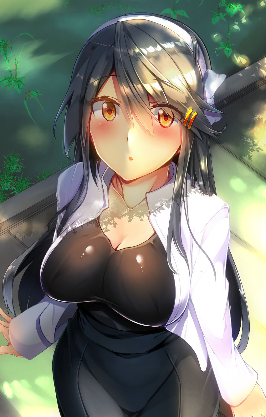 1girl :o absurdres alternate_costume bangs black_dress black_hair black_legwear black_shirt black_skirt blush boots breasts brown_eyes casual cleavage collarbone commentary_request day dress eyebrows_visible_through_hair eyes_visible_through_hair hair_between_eyes hair_ornament hairband hairclip haruna_(kantai_collection) high-waist_skirt highres jacket kantai_collection large_breasts long_hair looking_at_viewer open_mouth outdoors remodel_(kantai_collection) ribbon shade shirt sidelocks skirt solo standing tsukui_kachou white_jacket