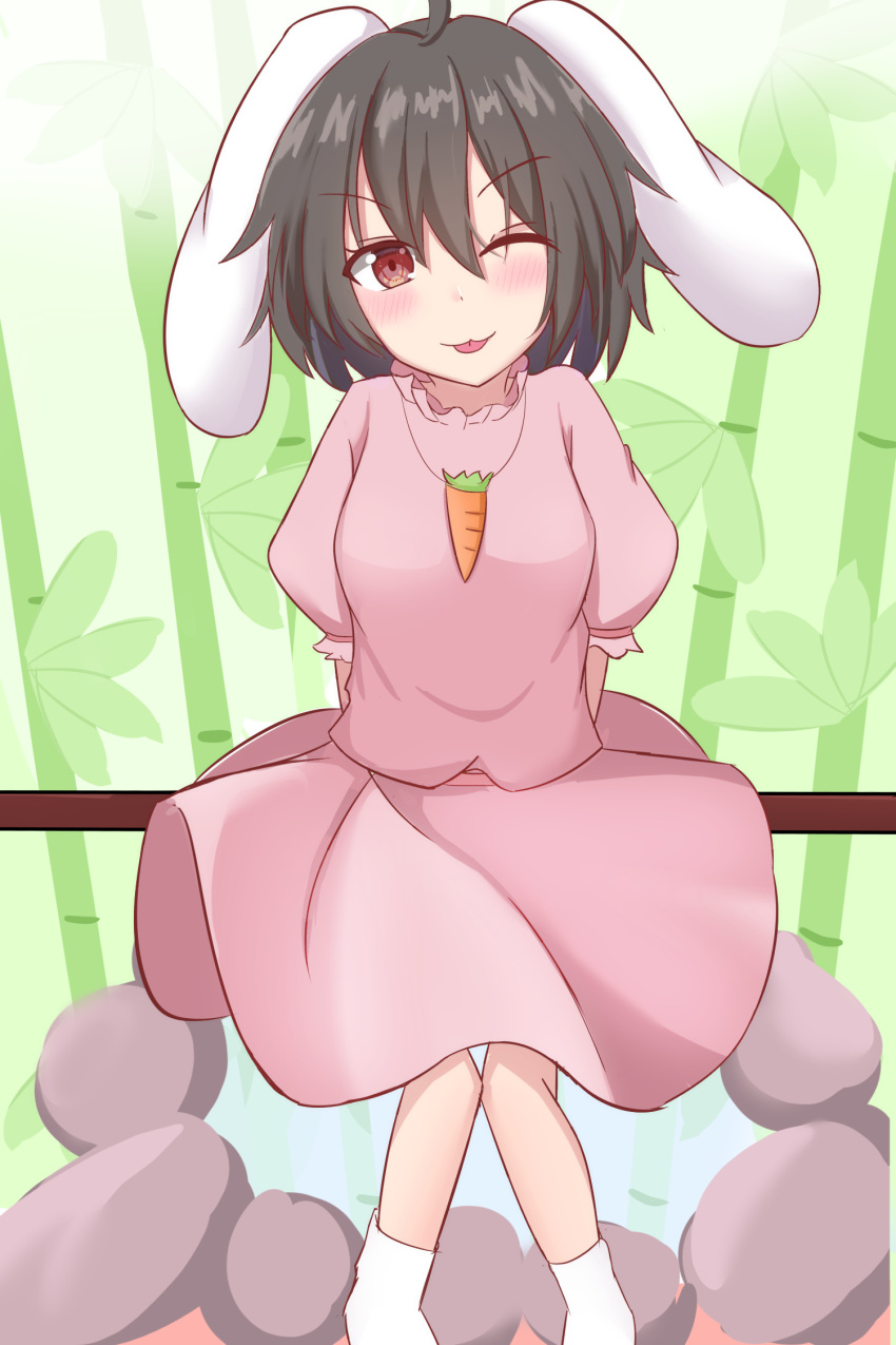 1girl :3 alternate_eye_color animal_ears as0987123 bamboo bamboo_forest bangs black_hair blush breasts brown_eyes carrot_necklace commentary_request eyebrows_visible_through_hair floppy_ears forest full_body hair_between_eyes highres inaba_tewi looking_at_viewer medium_breasts nature one_eye_closed pink_shirt pink_skirt rabbit_ears rabbit_girl shirt short_hair skirt smile socks solo tongue tongue_out touhou white_legwear
