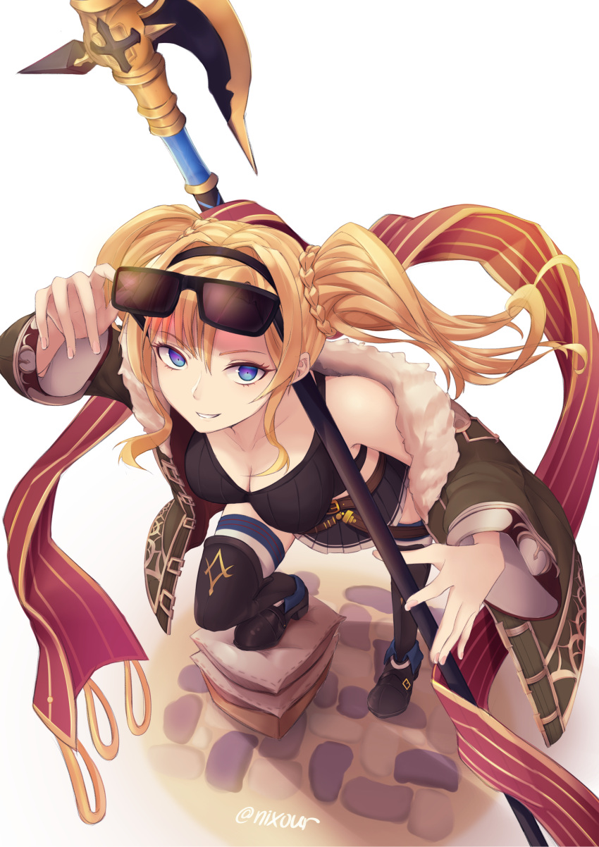 1girl absurdres adjusting_eyewear angruoxin axe blonde_hair blue_eyes boots breasts cleavage granblue_fantasy halberd highres long_hair looking_up medium_breasts polearm skirt solo sunglasses thigh-highs thigh_boots thigh_strap twintails weapon zeta_(granblue_fantasy)