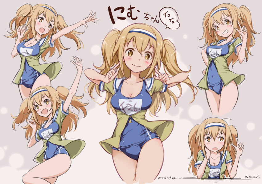 1girl blue_swimsuit breasts cleavage collarbone covered_navel cowboy_shot expressions grey_background hairband i-26_(kantai_collection) index_finger_raised kantai_collection light_brown_eyes light_brown_hair long_hair looking_at_viewer moupii_(hitsuji_no_ki) multiple_views name_tag new_school_swimsuit one-piece_swimsuit sailor_collar school_swimsuit short_sleeves simple_background swimsuit swimsuit_under_clothes two-tone_hairband two_side_up