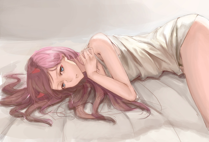 1girl absurdres bangs bed_sheet blue_eyes darling_in_the_franxx grey_background grey_shirt highres horns liudaohai6001 long_hair looking_at_viewer lying naked_shirt on_side parted_bangs parted_lips pink_hair shirt sketch sleeveless sleeveless_shirt solo zero_two_(darling_in_the_franxx)