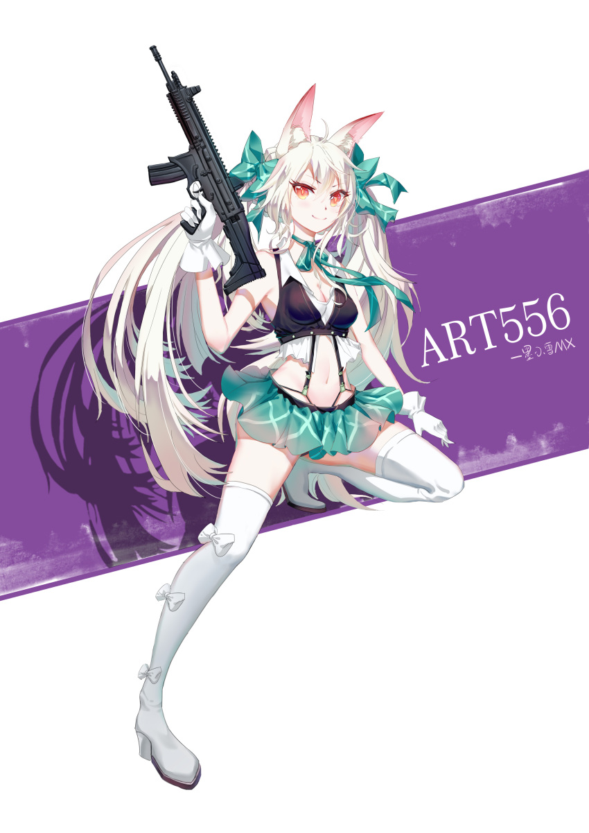 &gt;:) 1girl absurdres ahoge animal_ears art556_(girls_frontline) bangs bare_shoulders blush boku_koyuki_mx boots bow breasts character_name cleavage closed_mouth commentary_request crop_top eyebrows_visible_through_hair girls_frontline gloves green_bow green_skirt gun hair_between_eyes hair_bow highres holding holding_gun holding_weapon long_hair navel object_namesake pleated_skirt red_eyes shadow silver_hair skirt sleeveless small_breasts smile solo standing standing_on_one_leg taurus_art556 thigh-highs thigh_boots twintails v-shaped_eyebrows very_long_hair weapon white_footwear white_gloves white_legwear