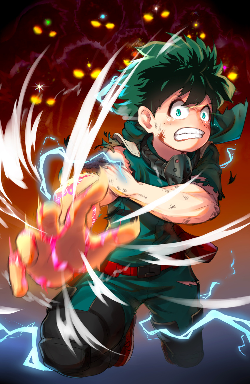 1boy absurdres attacking_viewer bangs belt bodysuit boku_no_hero_academia boots bruise bruise_on_face burnt clenched_teeth commentary electricity full_body green_bodysuit green_eyes green_hair green_pants highres injury looking_at_viewer magister_(medical_whiskey) male_focus mask mask_removed midoriya_izuku pants red_footwear sanpaku solo_focus sparks tears teeth torn_clothes wide-eyed