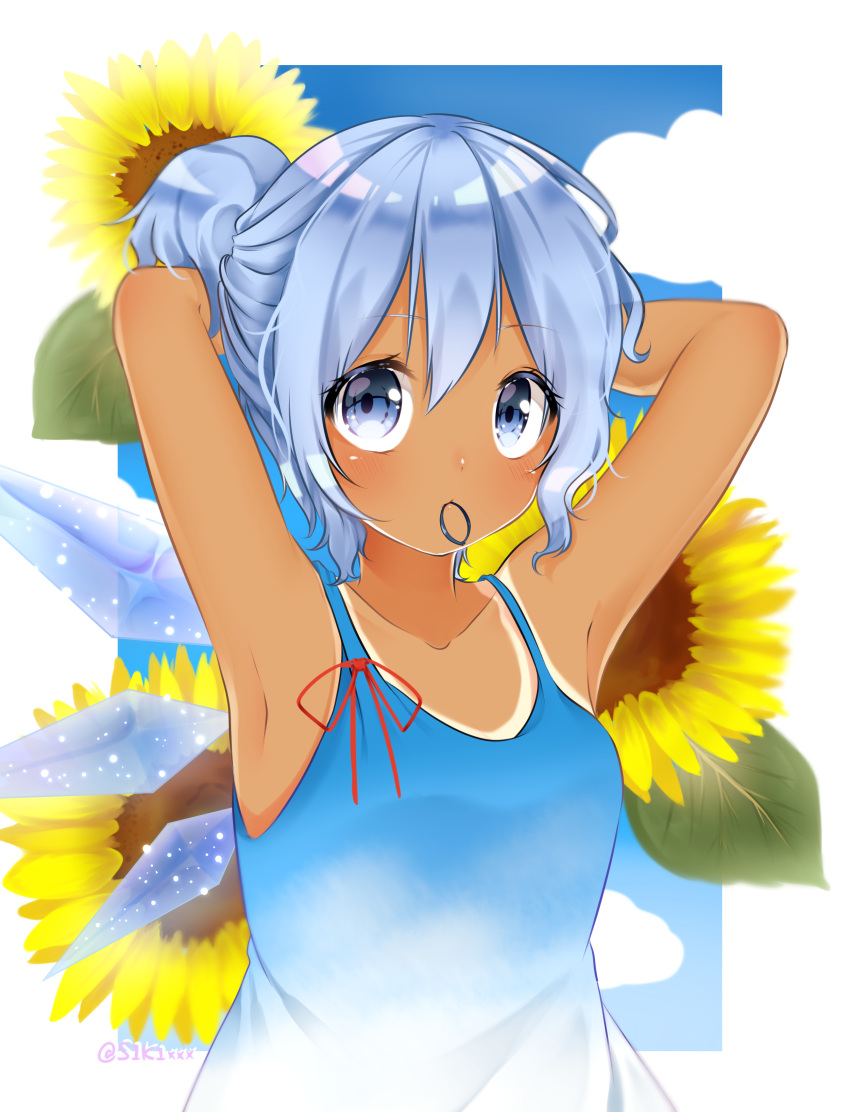 1girl absurdres alternate_hairstyle armpits arms_up artist_name bare_arms blue_dress blue_eyes blue_hair blue_sky blush border breasts cirno clouds collarbone commentary_request day dress eyebrows_visible_through_hair flower hair_between_eyes hair_tie highres ice ice_wings looking_up mouth_hold outside_border ponytail red_ribbon ribbon shiki_(s1k1xxx) short_hair short_ponytail sky sleeveless sleeveless_dress small_breasts solo spaghetti_strap sunflower tan tanline tanned_cirno touhou twitter_username tying_hair upper_body white_border wings