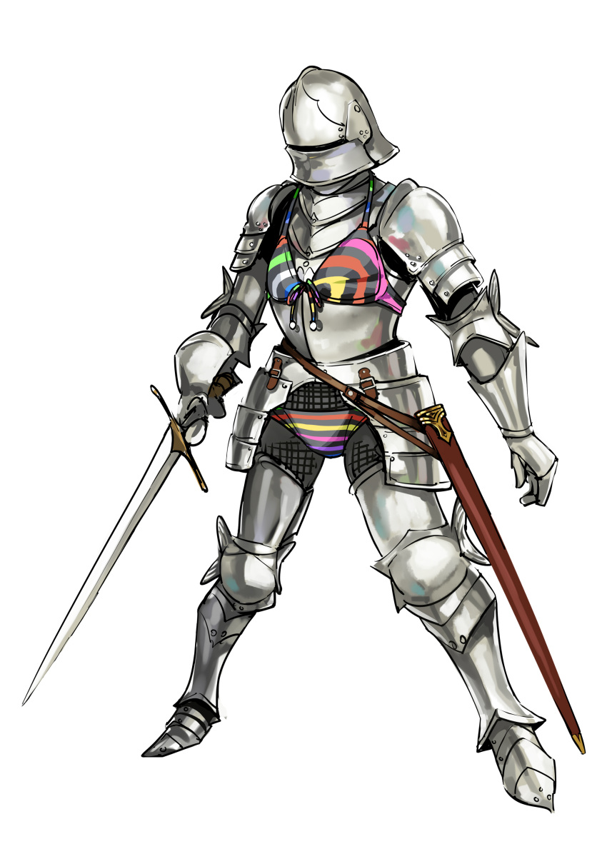 1girl absurdres armor bikini chainmail commentary full_body helmet highres holding holding_sword holding_weapon layered_clothing original plate_armor scabbard sheath solo swimsuit sword twinpoo weapon white_background you're_doing_it_wrong