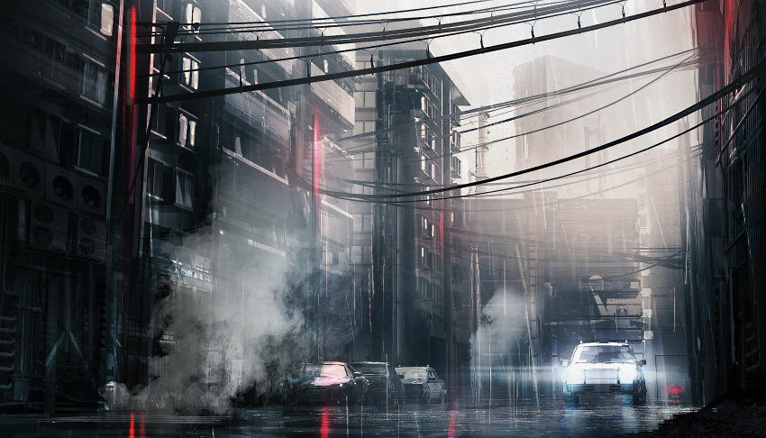 car fog grey_sky ground_vehicle highres huge_filesize motor_vehicle no_humans original outdoors power_lines rain science_fiction swav