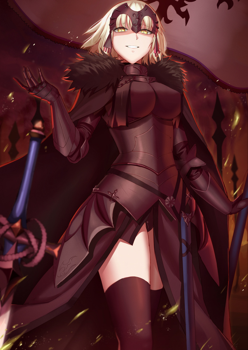 1girl armor armored_dress bangs banner black_armor black_capelet black_cloak black_dress black_legwear black_panties blonde_hair breasts capelet chains clouds cloudy_sky commentary commentary_request dress english_commentary eyebrows_visible_through_hair fate/apocrypha fate_(series) faulds from_below fur-trimmed_cloak fur_collar gauntlets grin hair_between_eyes half-closed_eyes hand_up headpiece highres jeanne_d'arc_(alter)_(fate) jeanne_d'arc_(fate)_(all) kakeku large_breasts long_dress long_sleeves looking_at_viewer medium_hair outdoors panties pantyshot pantyshot_(standing) plackart planted_sword planted_weapon sky slit_pupils smile smoke solo sparks standing sword thigh-highs underwear weapon yellow_eyes