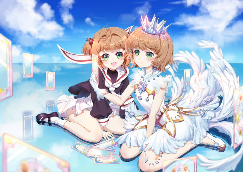 2girls :d absurdres arm_support bangs between_legs black_footwear black_shirt blue_sky blurry blurry_background blush boku_koyuki_mx card card_captor_sakura clear_card closed_mouth clouds commentary_request crown day depth_of_field dress dual_persona eyebrows_visible_through_hair feathered_wings fingernails gloves green_eyes hair_bobbles hair_ornament hand_between_legs hand_up high_heels highres holding holding_card horizon kinomoto_sakura light_brown_hair long_sleeves mary_janes mini_crown multiple_girls open_mouth outdoors pleated_skirt puffy_long_sleeves puffy_sleeves reflection round_teeth sailor_collar shirt shoes short_hair sitting skirt sky sleeveless sleeveless_dress smile socks teeth transparent two_side_up upper_teeth wariza white_dress white_footwear white_gloves white_legwear white_neckwear white_sailor_collar white_skirt white_wings wings