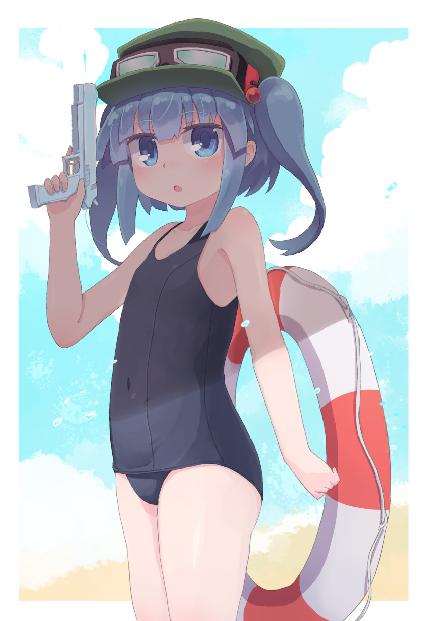 1girl absurdres blue_eyes blue_hair blue_sky blue_swimsuit clouds covered_navel cowboy_shot day flat_chest goggles goggles_on_head hair_bobbles hair_ornament hat highres kawashiro_nitori kibisake lifebuoy medium_hair old_school_swimsuit outdoors school_swimsuit shade sky solo standing swimsuit touhou twintails two_side_up water_gun