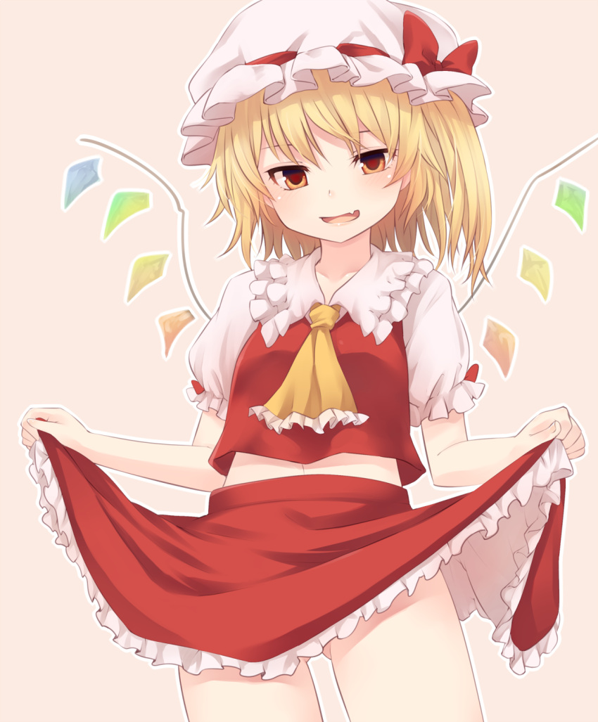 1girl ascot beige_background blush bow collarbone commentary_request cowboy_shot crystal fangs flandre_scarlet frilled_ascot frilled_shirt_collar frills gluteal_fold hat hat_bow highres lifted_by_self looking_at_viewer midriff_peek miyo_(ranthath) mob_cap navel one_side_up open_mouth outline puffy_short_sleeves puffy_sleeves red_bow red_skirt red_vest short_hair short_sleeves simple_background skirt skirt_lift smile solo standing thighs touhou vest white_hat white_outline wings yellow_neckwear