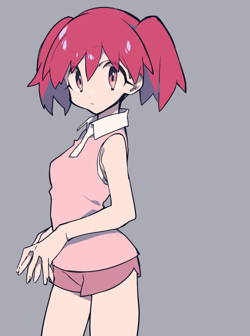 1girl boyshorts closed_mouth collared_shirt copyright_request eyebrows_visible_through_hair grey_background highres looking_at_viewer mochizuki_kei own_hands_together pink_vest red_eyes red_shorts redhead shirt short_hair shorts simple_background solo standing twintails vest white_shirt wing_collar