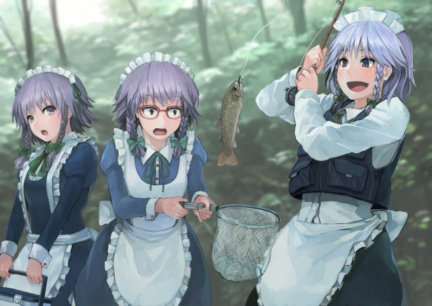 3girls :d apron bangs bespectacled black_eyes blue_dress blue_eyes blue_vest blurry blurry_background blush bow braid breasts commentary_request constricted_pupils cookie_(touhou) cooler cowboy_shot dress eyebrows_visible_through_hair fish fishing_hook fishing_rod forest frilled_apron frills glasses green_bow green_neckwear green_ribbon hair_bow hair_ribbon hand_net hands_up holding holding_fishing_rod ichiba_youichi izayoi_sakuya juliet_sleeves long_sleeves looking_at_another maid maid_apron maid_headdress medium_breasts multiple_girls multiple_persona nature neck_ribbon open_mouth outdoors petticoat puffy_sleeves red-framed_eyewear ribbon shirt short_hair silver_hair smile standing touhou tsurikichi_obasan twin_braids vest violet_eyes waist_apron white_shirt wing_collar