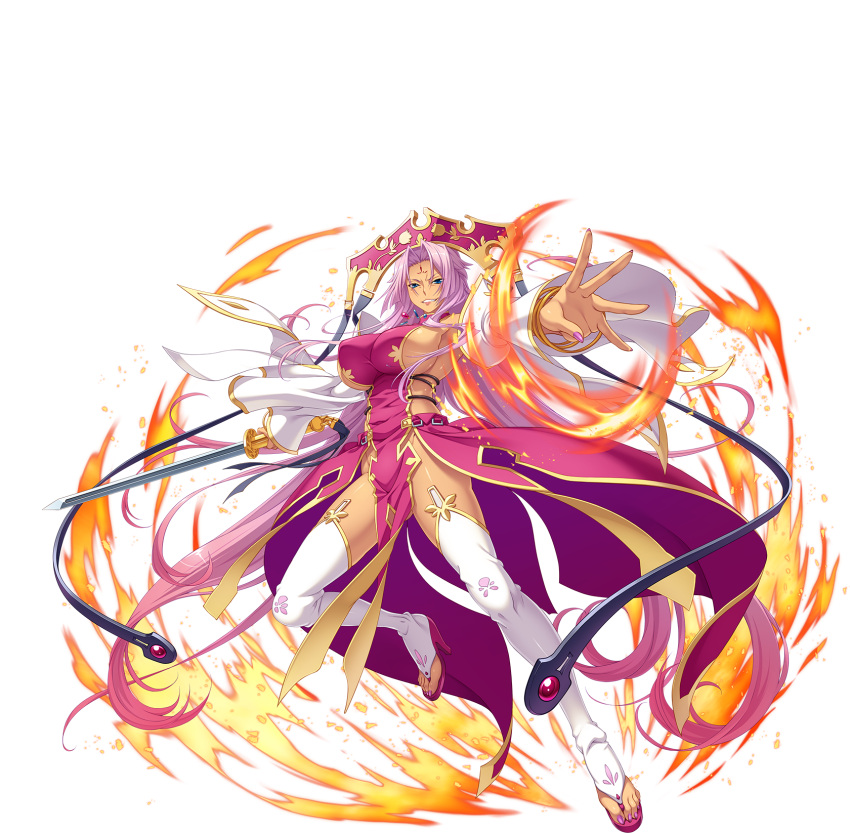 1girl bangs blue_eyes breasts facial_mark forehead_mark full_body hat highres hikage_eiji koihime_musou large_breasts lips long_hair looking_at_viewer nail_polish official_art open_toe_shoes parted_bangs parted_lips pelvic_curtain pink_hair sennen_sensou_aigis solo sonken_bundai sword thigh-highs transparent_background very_long_hair weapon