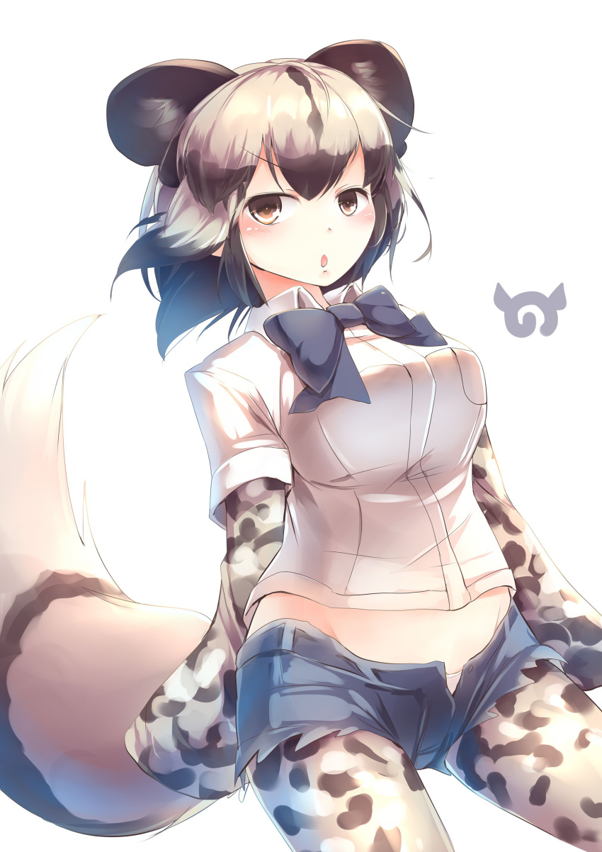 1girl :o absurdres african_wild_dog_(kemono_friends) african_wild_dog_print animal_ears bow bowtie breasts brown_eyes cutoffs denim denim_shorts dog_ears dog_tail highres japari_symbol kanzakietc kemono_friends long_sleeves looking_at_viewer multicolored_hair open_mouth panties short_hair short_over_long_sleeves short_shorts short_sleeves shorts simple_background solo tail unbuttoned underwear