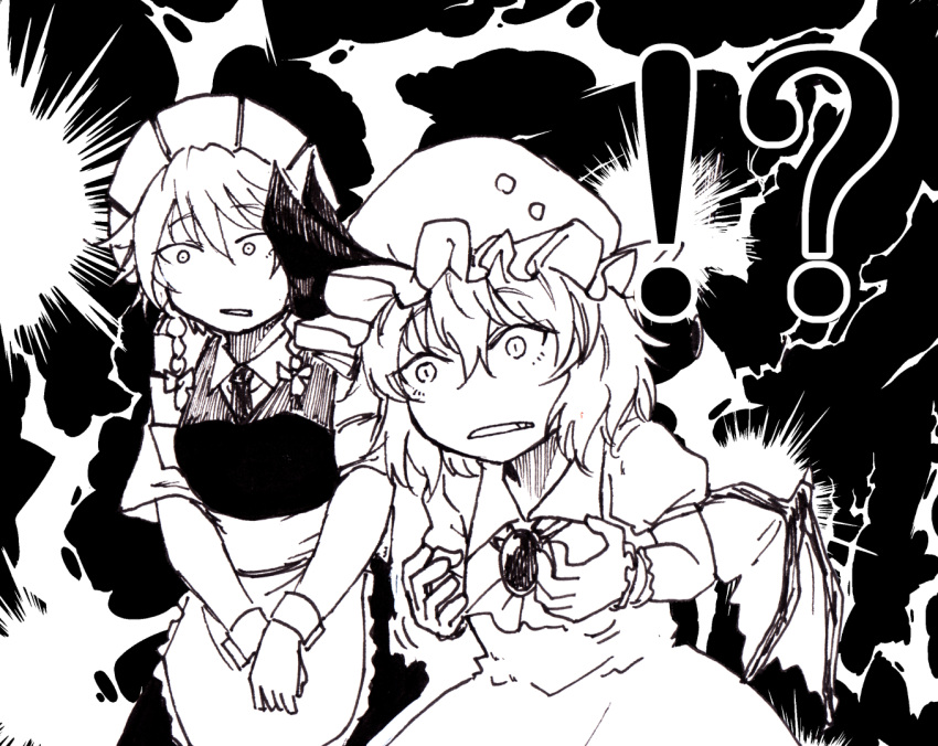 !? 2girls apron bangs bat_wings blush braid brooch comic commentary_request constricted_pupils cowboy_shot eyebrows_visible_through_hair fang frilled_apron frilled_shirt frilled_shirt_collar frilled_skirt frilled_sleeves frills greyscale hair_ribbon hat hat_ribbon izayoi_sakuya jewelry koyubi_(littlefinger1988) looking_at_another maid maid_apron maid_headdress mob_cap monochrome multiple_girls open_mouth puffy_short_sleeves puffy_sleeves remilia_scarlet ribbon shirt short_hair short_sleeves skirt spoken_interrobang surprised sweatdrop touhou tress_ribbon twin_braids v_arms waist_apron wide-eyed wings wrist_cuffs