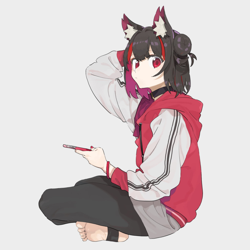 1girl animal_ears black_collar black_hair black_pants cat_ears cellphone commentary_request drawstring expressionless from_side grey_background hand_on_head highres holding holding_phone jacket legs_crossed looking_at_viewer machi_(wm) multicolored_hair original pants phone raglan_sleeves red_eyes redhead short_hair side_bun simple_background sitting smartphone solo stirrup_legwear toeless_legwear two-tone_hair