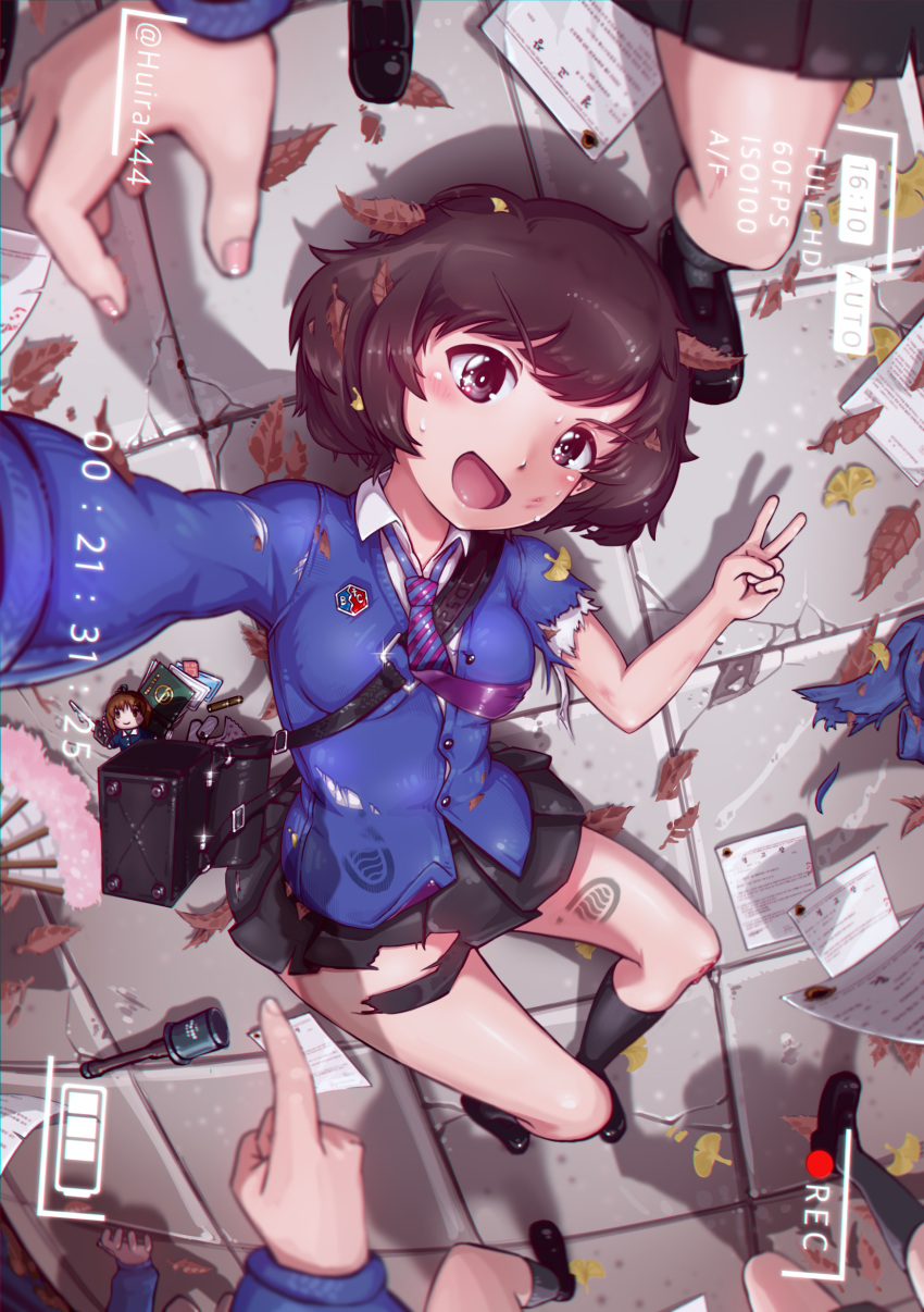 1girl :d absurdres akiyama_yukari bag bangs bc_freedom_(emblem) bc_freedom_school_uniform black_footwear black_legwear black_skirt blue_neckwear blue_sweater blurry blurry_foreground brown_eyes brown_hair card cardigan character_doll day depth_of_field diagonal_stripes dirty_clothes dog_tags dress_shirt emblem english explosive eyebrows fan folding_fan footprints foreshortening from_above girls_und_panzer grenade handbag highres huira444 keychain korean_commentary leaf loafers long_sleeves looking_at_viewer loose_necktie lying messy_hair miniskirt necktie nishizumi_miho on_back on_ground open_mouth outdoors paper pleated_skirt pointing purple_neckwear recording rotated school_uniform self_shot shadow shirt shoes short_hair skirt smile socks solo_focus sparkle stone_floor striped striped_neckwear sweater timestamp torn_clothes twitter_username v viewfinder white_shirt wing_collar