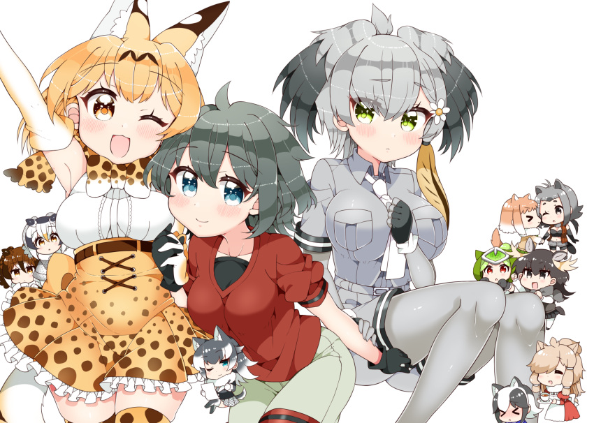 &gt;_&lt; 6+girls ;d ;o alpaca_suri_(kemono_friends) american_beaver_(kemono_friends) animal_ears arm_up black-tailed_prairie_dog_(kemono_friends) black_gloves black_hair blonde_hair blue_eyes blush bodystocking bow bowtie breast_pocket brown_hair chibi commentary_request elbow_gloves eurasian_eagle_owl_(kemono_friends) extra_ears fingerless_gloves gloves green_eyes grey_hair grey_shirt grey_wolf_(kemono_friends) head_wings highres kaban_(kemono_friends) kanjitomiko kemono_friends looking_at_viewer moose_(kemono_friends) multiple_girls necktie northern_white-faced_owl_(kemono_friends) one_eye_closed open_mouth panther_chameleon_(kemono_friends) pocket print_neckwear print_skirt red_shirt serval_(kemono_friends) serval_ears serval_print serval_tail shirt shoebill_(kemono_friends) simple_background skirt smile tail tanuki_(kemono_friends) white_background white_neckwear white_shirt yellow_eyes