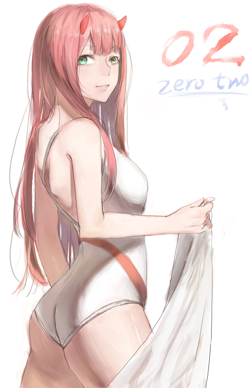1girl absurdres character_name competition_swimsuit cowboy_shot darling_in_the_franxx eyebrows_visible_through_hair green_eyes highres holding horns liudaohai6001 long_hair looking_at_viewer one-piece_swimsuit parted_lips pink_hair shiny shiny_skin sketch solo standing swimsuit very_long_hair white_background white_swimsuit zero_two_(darling_in_the_franxx)