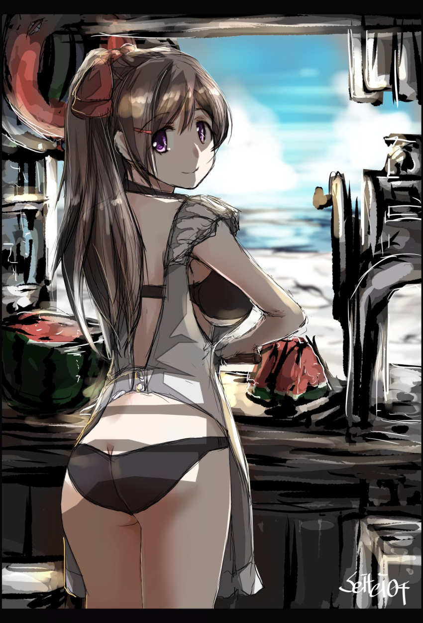 1girl apron ass bikini black_bikini blue_sky blush bow breasts brown_hair closed_mouth clouds cloudy_sky eyebrows_visible_through_hair food fruit hair_between_eyes hair_bow hair_ornament hairclip highres hips kantai_collection large_breasts long_hair looking_at_viewer mamiya_(kantai_collection) outdoors red_bow seitei_(04seitei) sky smile swimsuit swimsuit_under_clothes thighs twitter_username violet_eyes watermelon white_apron